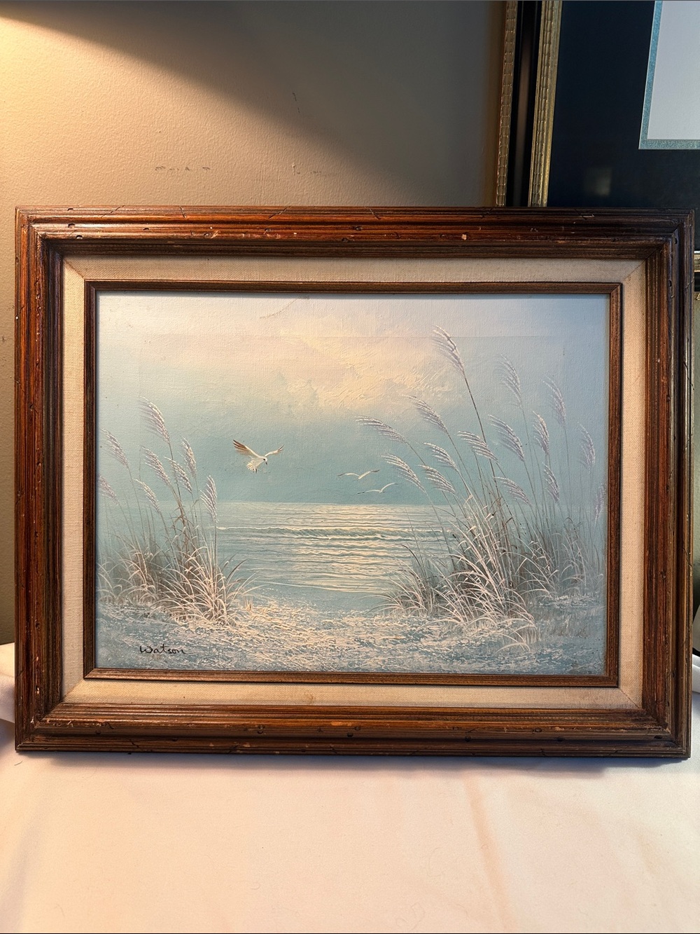 Original Vintage Framed painting Watson Signed Beach Ocean front Seagulls